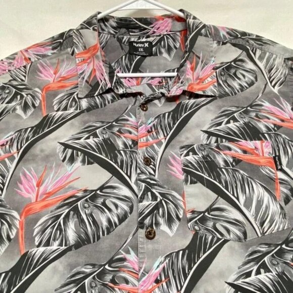 HURLEY Hawiian Button-Up Shirt Men's XXL Gray Floral Lightweight Casual Beach - Picture 10 of 10